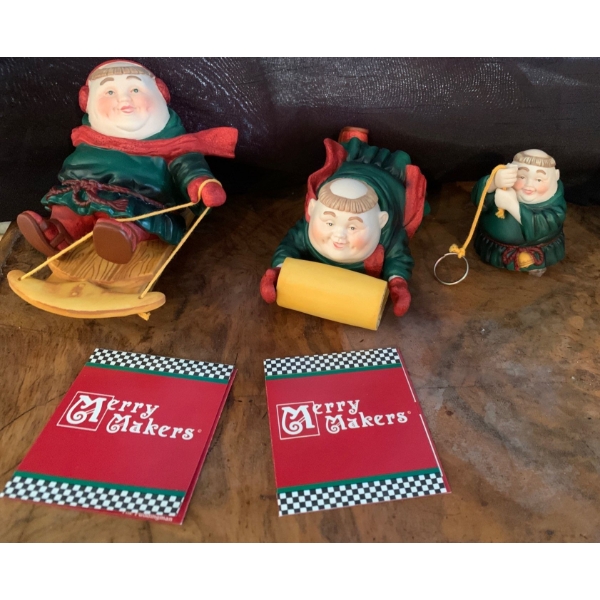 Merry Markers 'Toller (Bell), 'Sledder' & 'Tobogganist Porcelain Figures 
