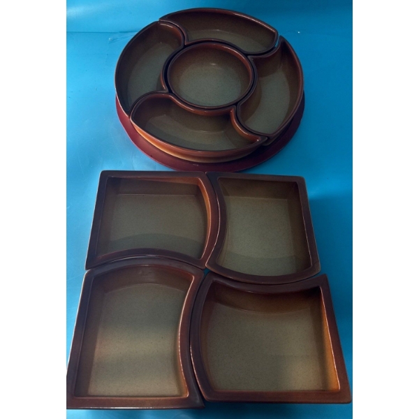Lovely Vintage Ombre Pottery Lazy Susan w/ Matching Pottery  Divided  Serving Platter (9Pcs Total) 