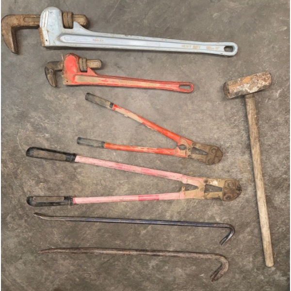 Tool Collection-  Pipe Wrench, Bolt Cutters, & Crowbars