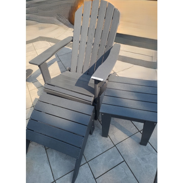 Resin Muskoka Chair 31 w, 36 h, 34 d w/ Stool 22 w, 15 h, 21 d and Matching Table 18 w, 18 h, 18 d 
