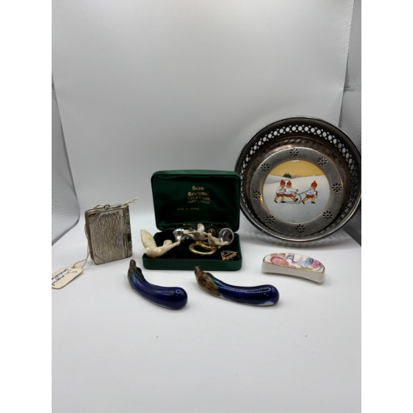 small ivory birds and a original make up powder case from the 1800s and silver plated bowl with two 