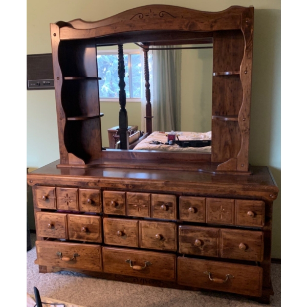 Vintage Wooden Dresser w/ Large Mirror (Contents Not Included) - 67W, 19D, 75T