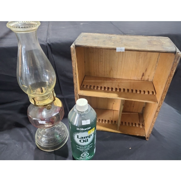 Vintage: Oil Lamp 5" Diameter Base, 16.5 T, Wooden Box w/ Dividers 14 W, 11 D, 5.5 T