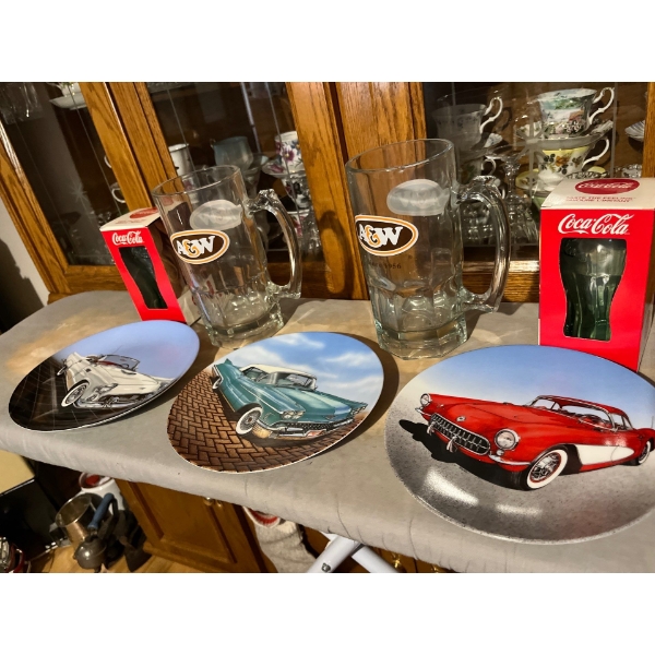 large A&W glass mugs with Coca-Cola glass mugs, and a collection of 3 car plates.