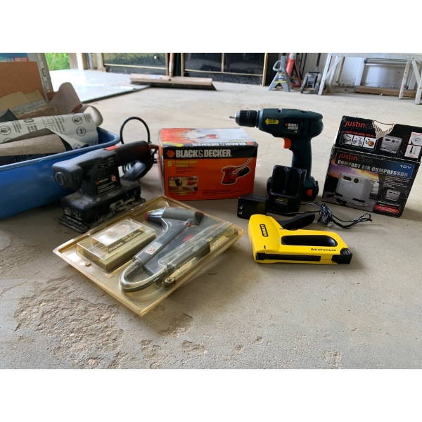 Tool lot Black&Decker Variable Belt Sander, tote of sandpaper, Black and Decker 5” Orbit Sander, Bla