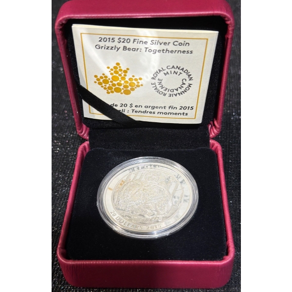 2015 $20 Grizzly Bear: Togetherness Fine Silver Coin 31.39 Grams