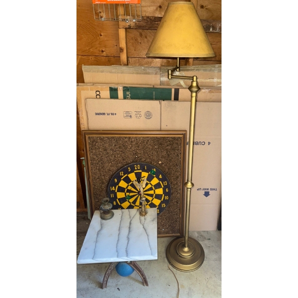 Dart Board On Cork Board, Vintage Lamp & Neat Marble & Brass Mini Table
