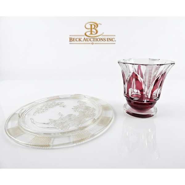 Vintage Federal Glass Cake Plate 11''INCHES , Val Saint Lambert Crystal Vase 6''INCHES HEIGHT