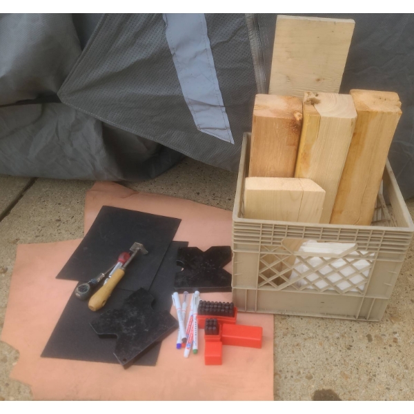 Wood Offcuts, Leather Scraps, Rubber Mats, Tools