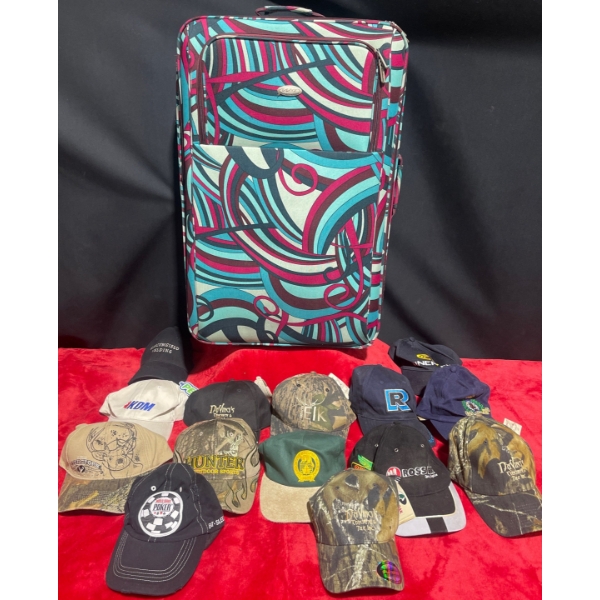 Large Luggage & Assortment Of Ball Caps