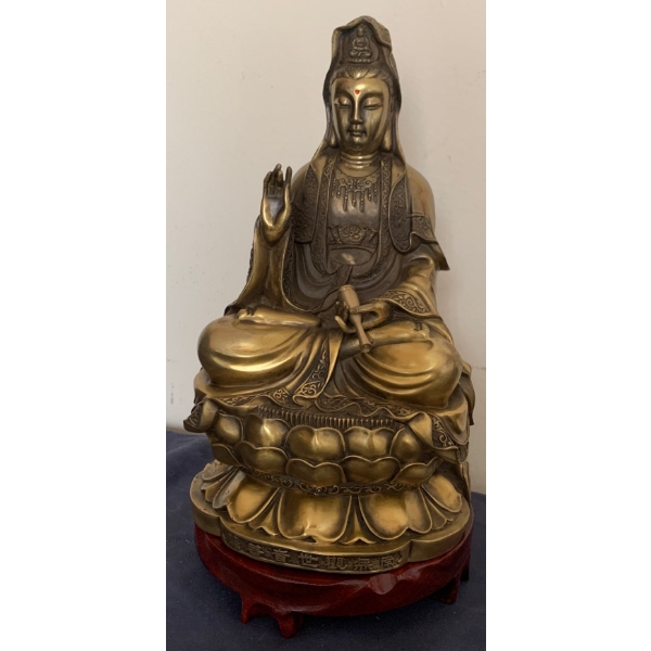 Solid Brass Buddha Figurine on Mahogany Pedestal 11.5T