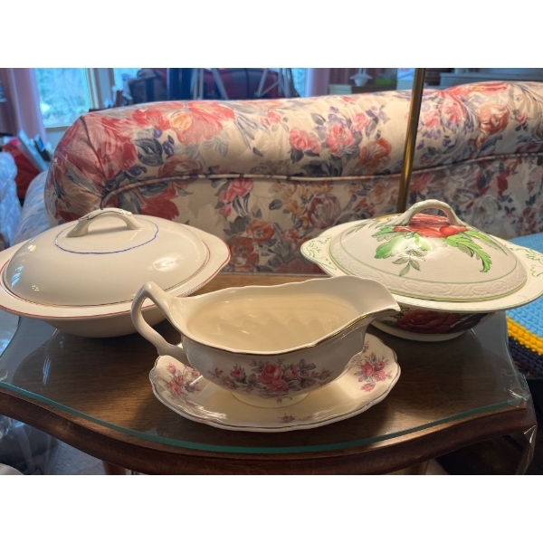 Two antique serving dishes made in England Royal Tudor Ware made in England with a gravy boat and se