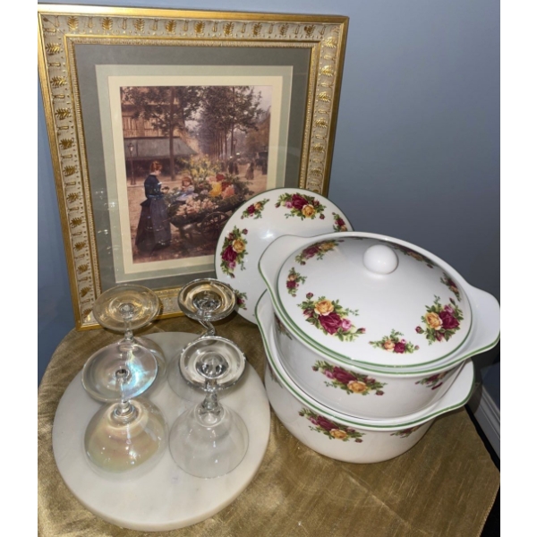 Rare Old Country Roses Crocks w/ Decorative Art Stemware & Art In Gold Gilt Frame 