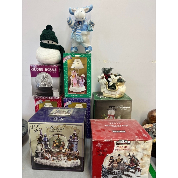 lighted snowman scene, one three water, globes, musical and 3T light lamps