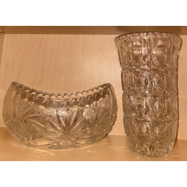 Vintage Cut Crystal Cresent Moon Shaped Candy Dish & Glass Vase w/ Maze Design 