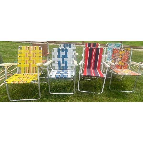 Eight Vintage Collectible Folding Lawn Chairs w Multiple Patterns