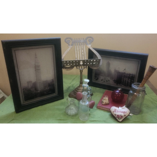 Decor Lot: Framed Photos, Metal Music Stand, Glass Bottles, Book, Jar