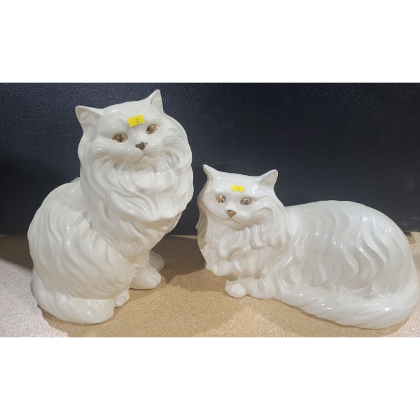 White Ceramic Cats w/ Gold Eyes 9" Base, 14.5 T and 16 W, 10 T