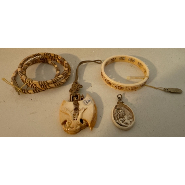 Assortment Of Carved Bone Collectables - Braclets Jewelry & More