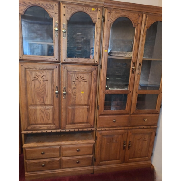 Two Wall Unit Cabinets, Shown Together 63 W, 18 D, 78 T (Total Dimensions) w/ Display and Storage