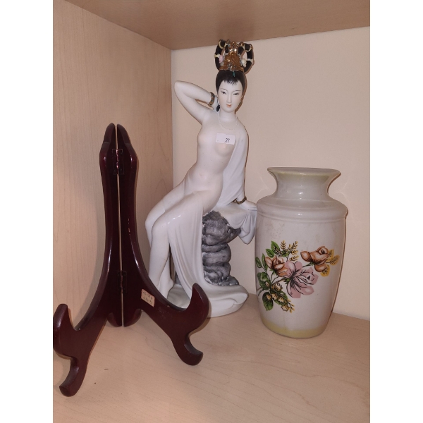 Asian Female Ceramic Figurine 12 T, Vase Made in Brazil and Plate Stand