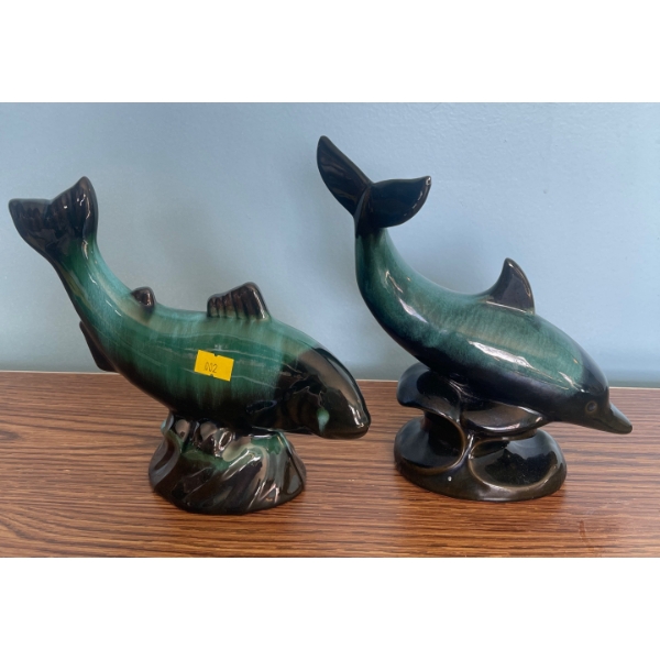 Blue Mountain Pottery Collectibles 1 Fish And 1 Dolphin Eight Inches tall Green Glaze
