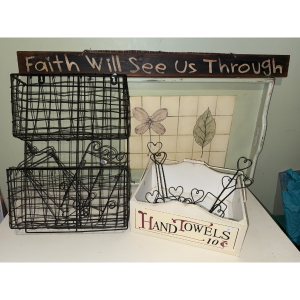 Decorative Household Items Lot: Baskets, Tray, Wall Sign