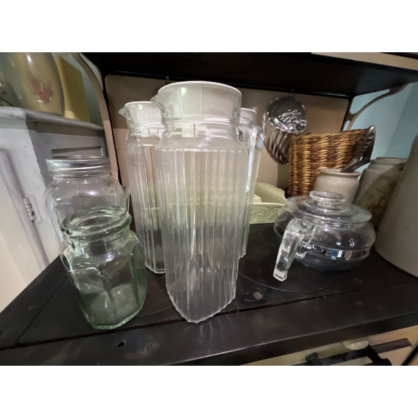 -two Cuisinewarr serving dishes, green and color oven too table 3 glass water jugs, vintage tea pot.