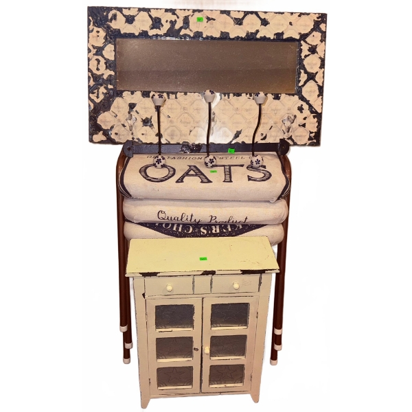 Home Decor Including Distressed Cabinet, Wall Hooks, Mirror, and Stools