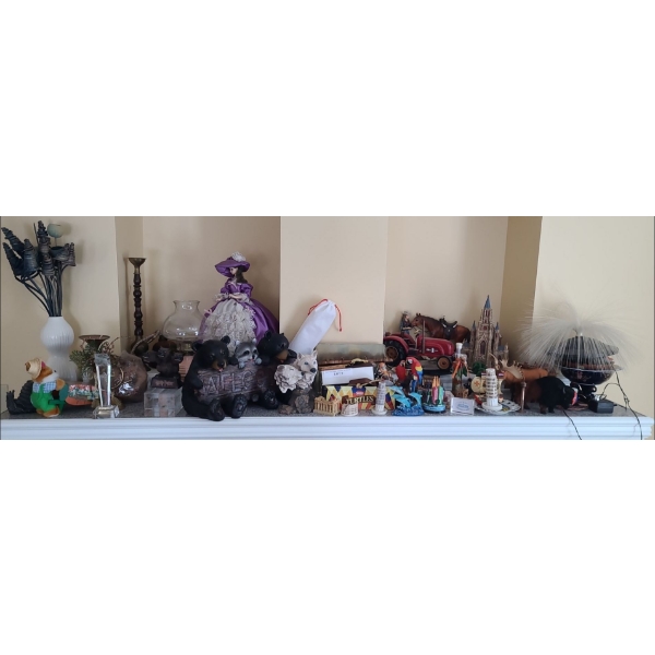 Outdoor Critters Welcome Sign, Wolf Sculpture, Light-up Church & Assorted Decor. Vase & Flower 24