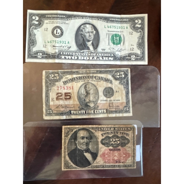 1976 US 2$ 1923 Bill Dominion of canada 25cent  1874 US 25 Cents  