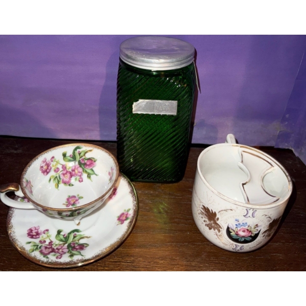 Victorian-era Shaving Mug, Green Glass Cannister & Intricate Japanese Tea Cup 