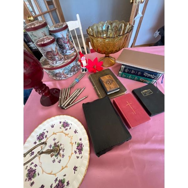 selection of vintage dishes, a set of bunny tins, retro nutcrackers, and nut pickers. Along with a c