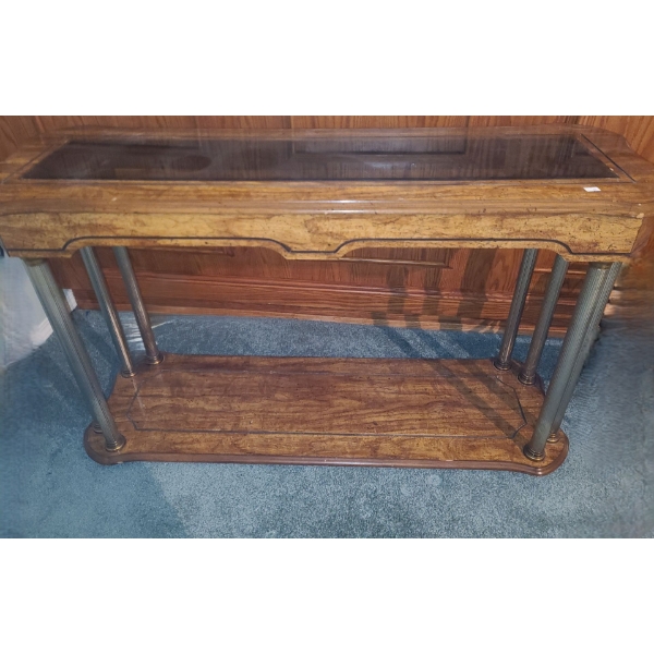 Vintage Console Table w/ Metal Pillar Details and Glass Top 47 W, 16 D, 28 T 