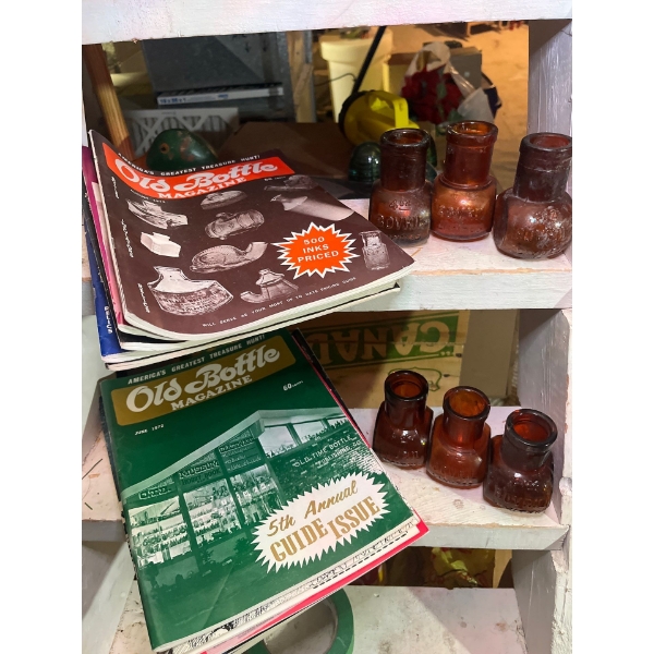  collection of old bottle magazines and 6 Bovril limited little brown bottles. 