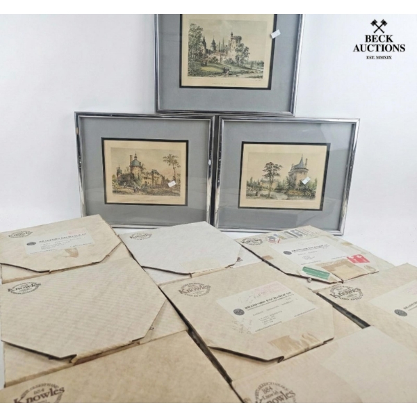 Vintage Framed Lithographs Of French Chateaux , 8 Collectible Plates  Featured Designs By Famous Art
