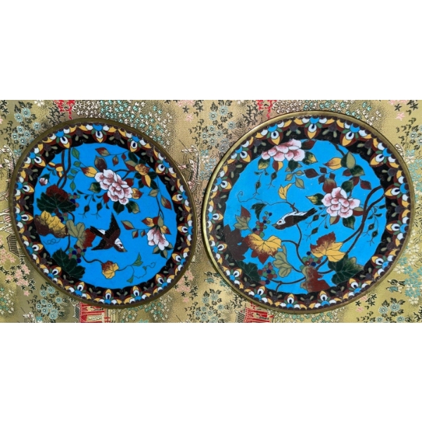Antique Japanese Polychrome Cloisonne Enameled Pair Of Plates