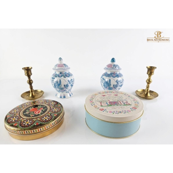 Brass Candlesticks & Two Ceramic Ginger Jars, Decorative Vintage Round Tin