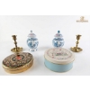 Image 1 : Brass Candlesticks & Two Ceramic Ginger Jars, Decorative Vintage Round Tin
