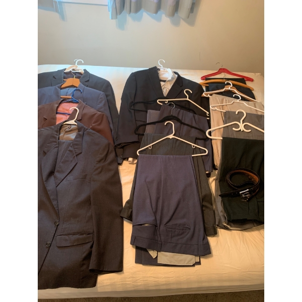 Mens Vintage Suit Collection with Multiple Jackets, Pants, and Accessories