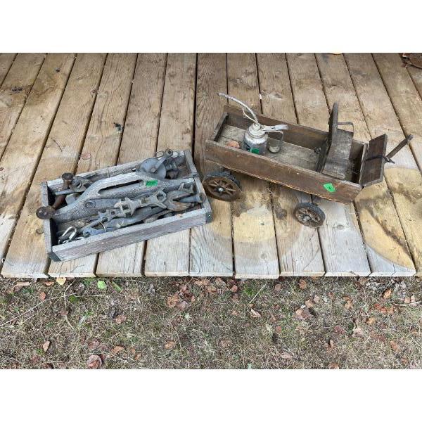 Antique Tool Box With Some Great Antique Tools & Vintage Toy Horse Wagon L20"