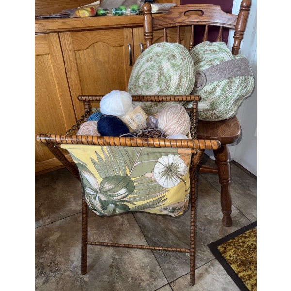 MCM Yarn Organizer w/ Assorted Yarn Bundles Oak Spindle Chair & 2 Zippered Round Pillowcases