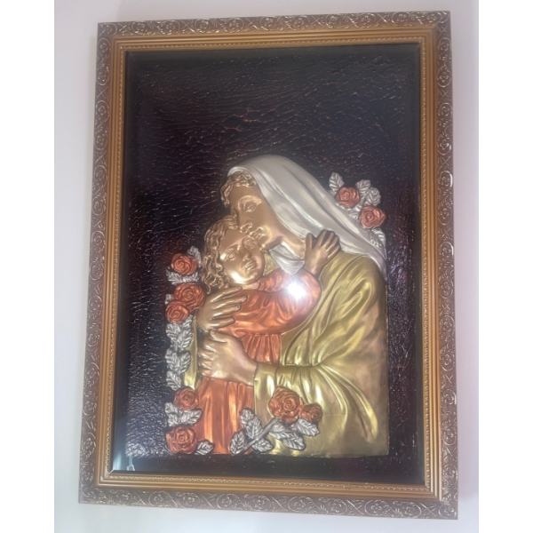Holy Mother & Child Metallic Textured Shadow Box Art 19x24