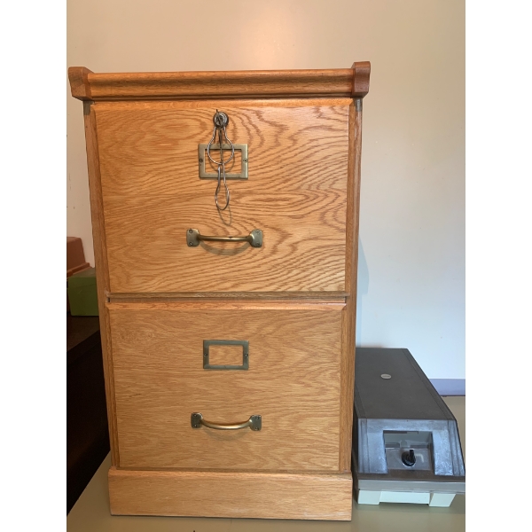 Oak Two-Drawer File Cabinet with Brass Hardware and Key