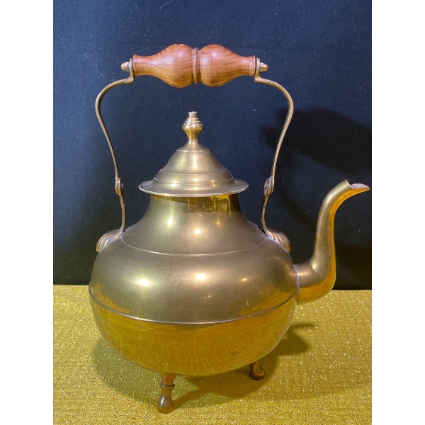 Large Antique Brass Kettle with Wooden Handle