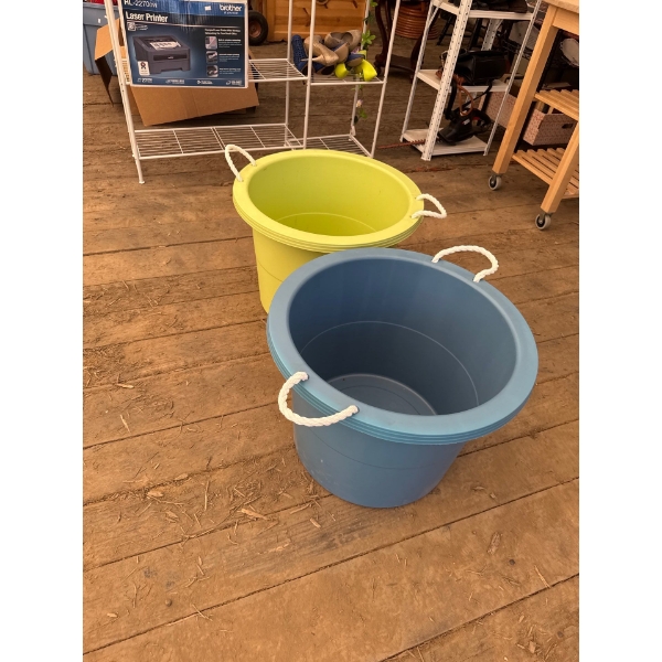 beach buckets 2 one blue one green good for toys 23" d x 17" H