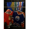 Mens Hockey Merch (S/M); Blackhawks + Oilers Jersey/Cap Combo, Plus Alberta Flag 