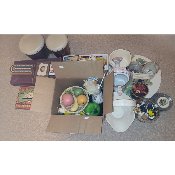 Crib Board/ Cards, Scrabble, Glass Produce, Ceramic Basket w/ Roses 10 W, 6 D, 12 T and More!