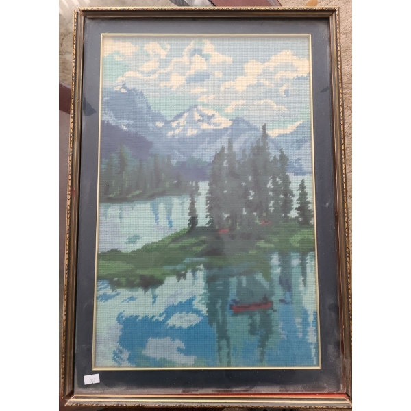 Needlepoint of Mountain Scene and Canoe 16 X 23
