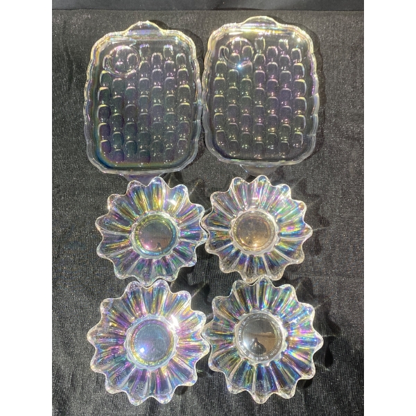 Iridescent Glass Serving Trays and Flower-Shaped Dishes Set
